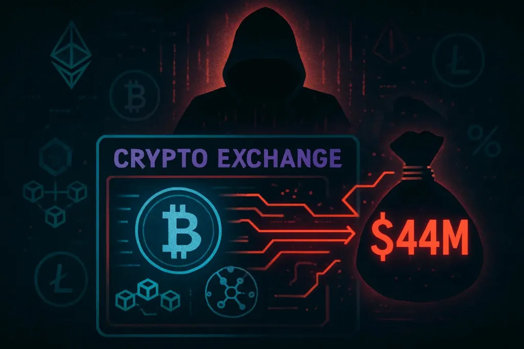 CoinDCX $44 million crypto exchange hack visualizing cybersecurity breach and digital asset theft