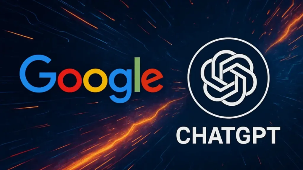 Google and ChatGPT logos with visual emphasis on AI disrupting search market share