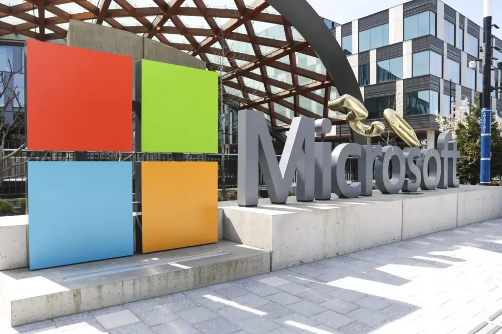Microsoft logo at office campus entrance sign