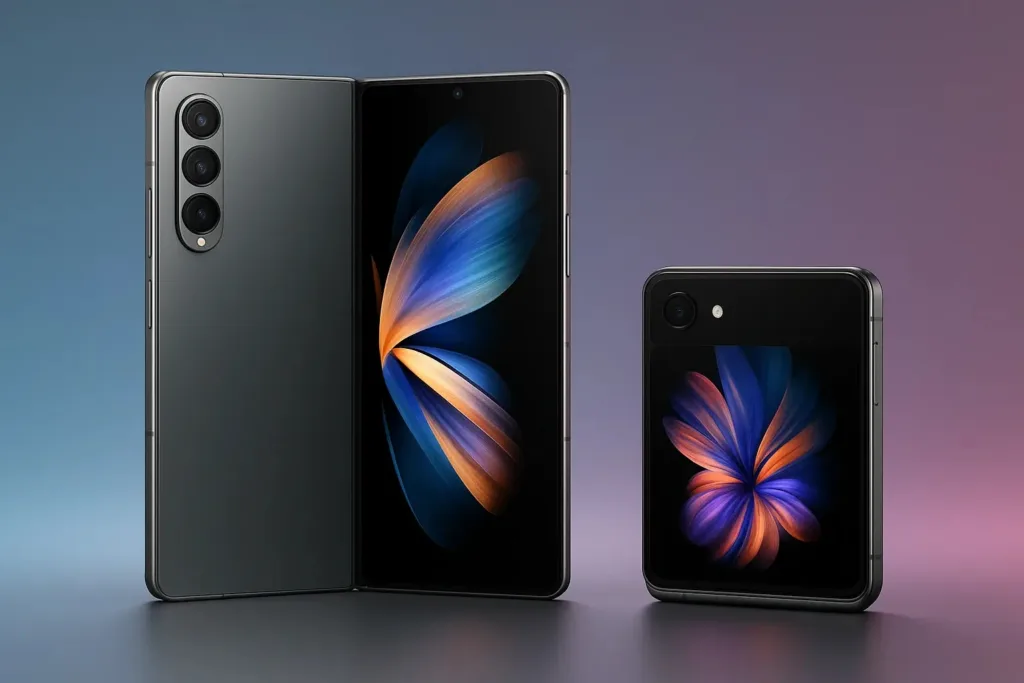 Samsung Galaxy Z Fold 7 and Galaxy Z Flip 7 side by side open and folded, showcasing their dual screens and sleek foldable designs