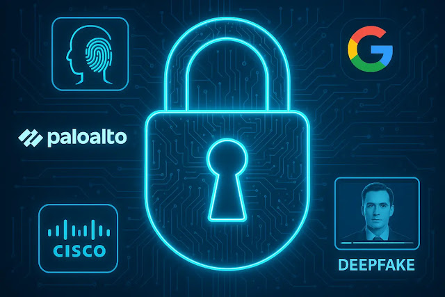 Futuristic digital lock composed of identity icons, AI agent silhouette, corporate logos, and deepfake video elements