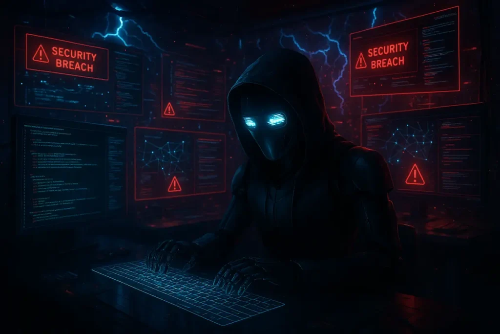 Illustration of an AI hacker using Agentic AI to launch autonomous cyberattacks, with glowing screens, code, and futuristic digital interface