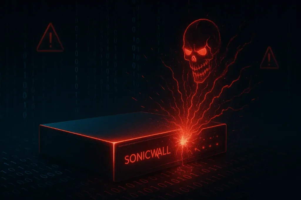 Illustration of a SonicWall firewall being attacked by Akira ransomware with binary code and warning symbols in the background.