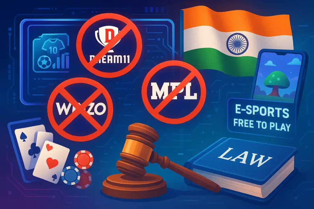 Dream11 Ban Explained: India's New Online Gaming Law 2025 Shuts Down ₹2 Lakh Crore Industry 2 Illustration showing Dream11, MPL, and WinZO logos crossed out with Indian flag and legal symbols, representing India’s real money gaming ban.