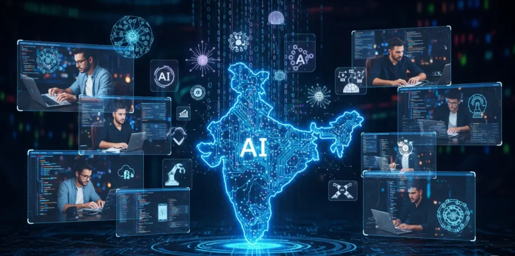 Futuristic map of India with glowing AI circuits and developers coding in holographic screens