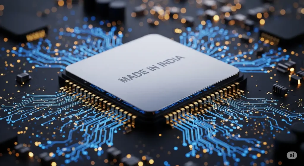 Made-in-India Semiconductor Chips to Launch by 2025: PM Modi Announces Milestone 2 Ultra-realistic image of a Made-in-India semiconductor chip placed on a glowing circuit board, representing India’s rise in semiconductor manufacturing.