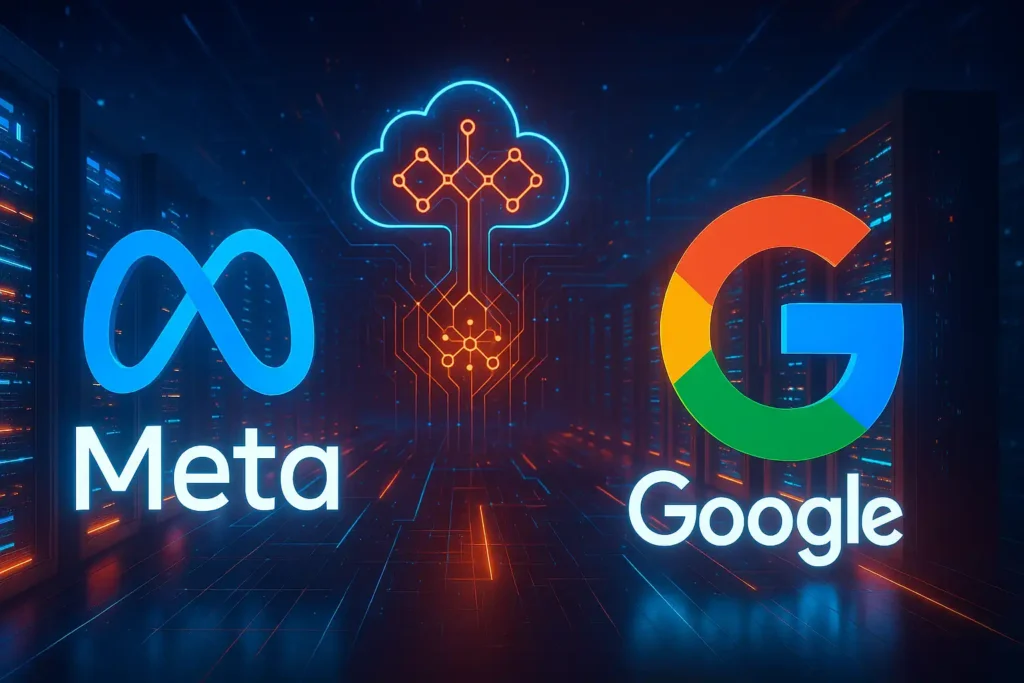 Meta Signs Historic $10 Billion Cloud Deal with Google: A Game-Changer for AI Infrastructure 2 Meta and Google Cloud partnership for $10B AI infrastructure deal with futuristic cloud servers and AI data networks.