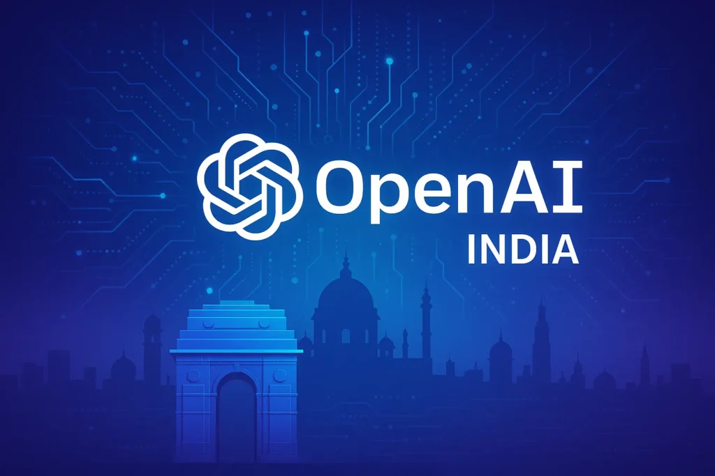 OpenAI to Open First India Office in New Delhi by 2025 2 Illustration of OpenAI expansion into India with New Delhi skyline and digital AI theme