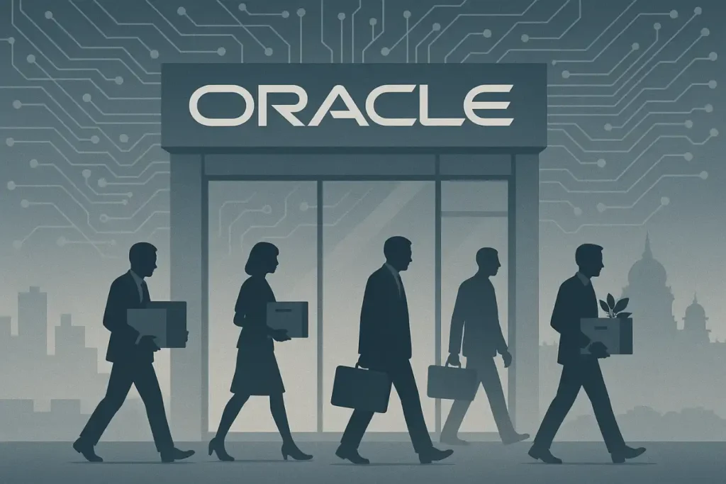 Oracle India layoffs 2025: employees leaving office as AI expansion reshapes IT jobs