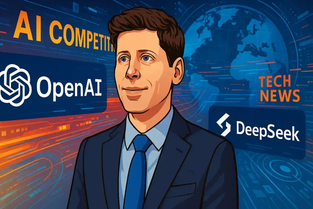 Sam Altman Admits OpenAI Released New Models Due to Pressure from Rival DeepSeek 2 Sam Altman with OpenAI and DeepSeek logos symbolizing AI competition and open models release