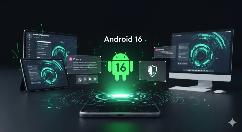 Android 16 (Baklava): All You Need to Know — Features, Upgrades, What's New Over Android 15 1 Futuristic concept art of Android 16 Baklava showing a smartphone with glowing UI, notifications, privacy shield, and productivity tools.