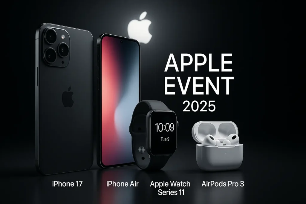 Apple Event 2025 Recap: iPhone 17, iPhone Air, Apple Watch & More 1 Event 2025 showcasing iPhone 17, iPhone Air, Apple Watch Series 11, and AirPods Pro 3 on a sleek stage with soft lighting.