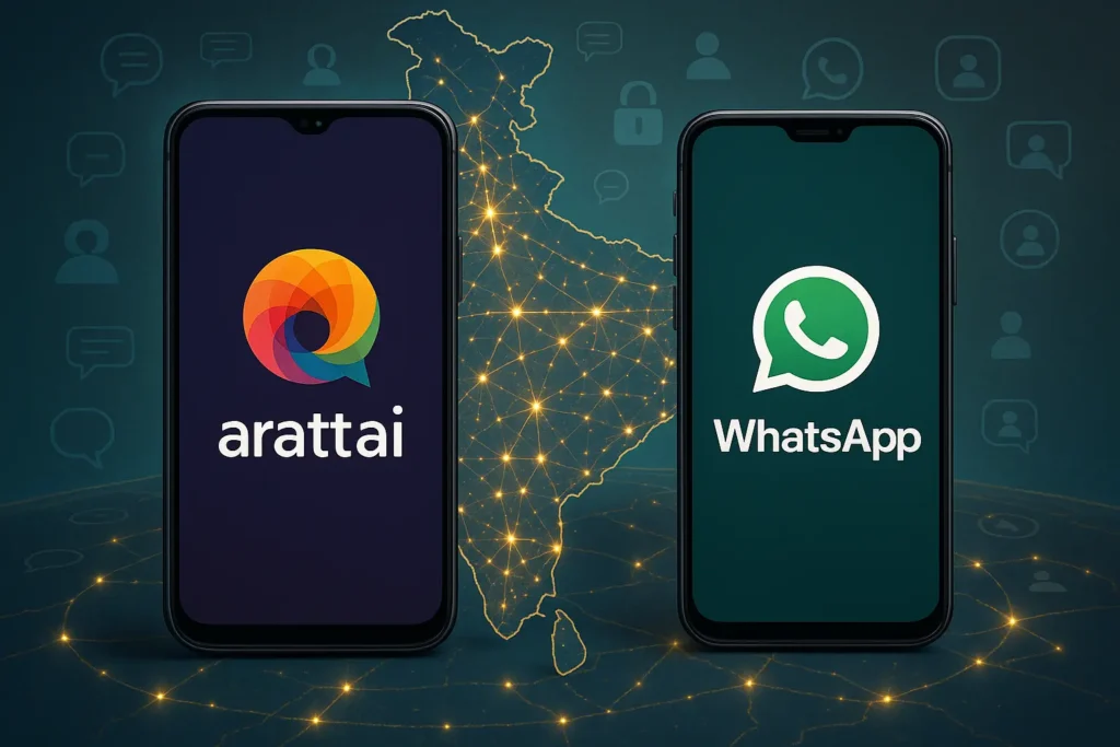 Arattai Messaging App Review: Can Zoho Compete with WhatsApp? 1 Two smartphones showing Arattai and WhatsApp logos side by side with an Indian map background, symbolizing a comparison of messaging apps.