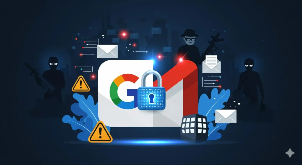 Gmail logo with digital padlock and hacker silhouettes, symbolizing Google data breach and phishing risks.