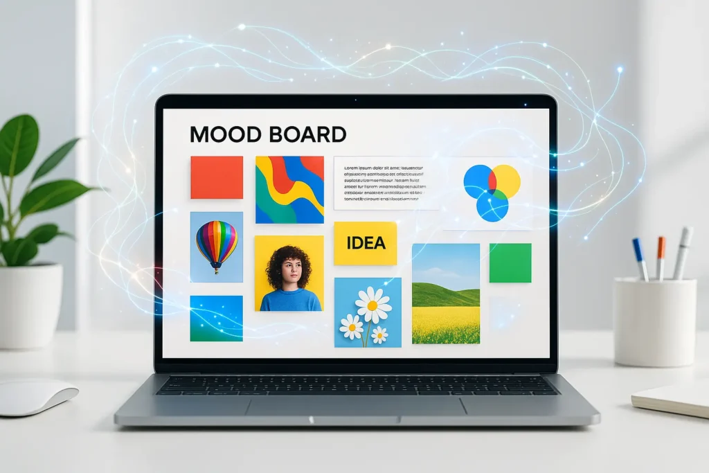 Pinterest Gets Competition: Google’s AI Mood Board App Mixboard Goes Live 1 AI-powered digital mood board on a laptop screen with colorful images, text, and glowing AI effects representing Google Mixboard.