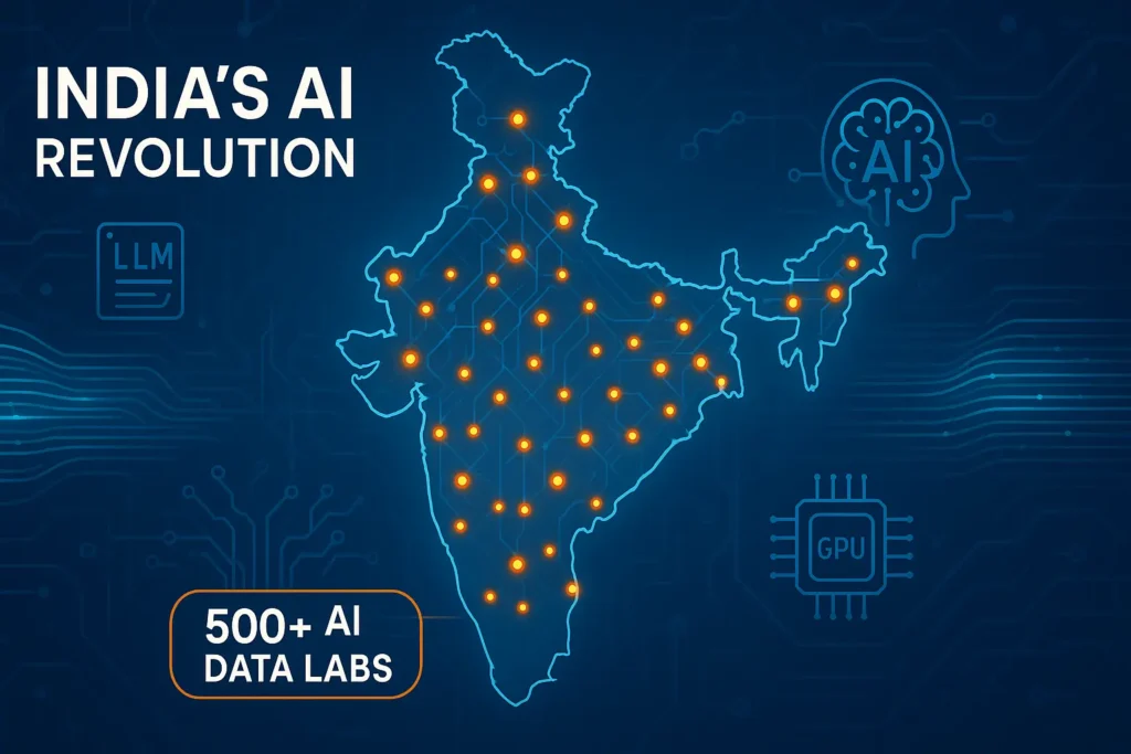 Ashwini Vaishnaw Announces IndiaAI Mission: Boosting AI Research with 500 Data Labs 1 Digital illustration of India with glowing AI data lab nodes, representing IndiaAI Mission and large language models."