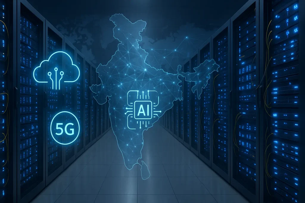 Inside India’s Data Centre Infrastructure Boom: Why Tech Giants Are Investing Billions 1 Modern Indian data centre Infrastructure with glowing server racks, symbolizing cloud, AI, and 5G growth.