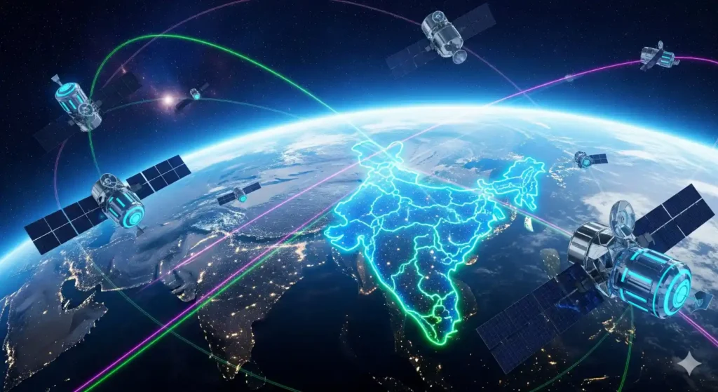 India Set for Starlink Satellite Internet Trials: Jio, Airtel, and Tata in Talks 1 Starlink satellites above Earth with India highlighted, representing upcoming Starlink internet launch trials.