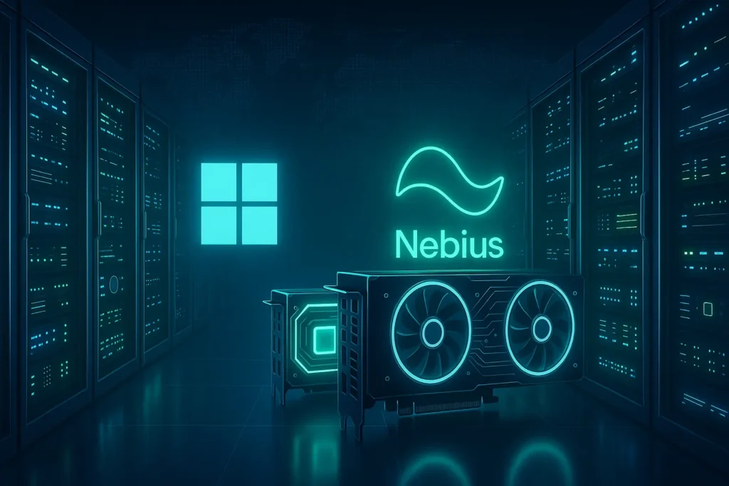 Microsoft Strikes $17.4 Billion Cloud Deal with Nebius: What It Means for AI 1 Futuristic data center with glowing servers and GPU chips, symbolizing Microsoft and Nebius AI cloud partnership.