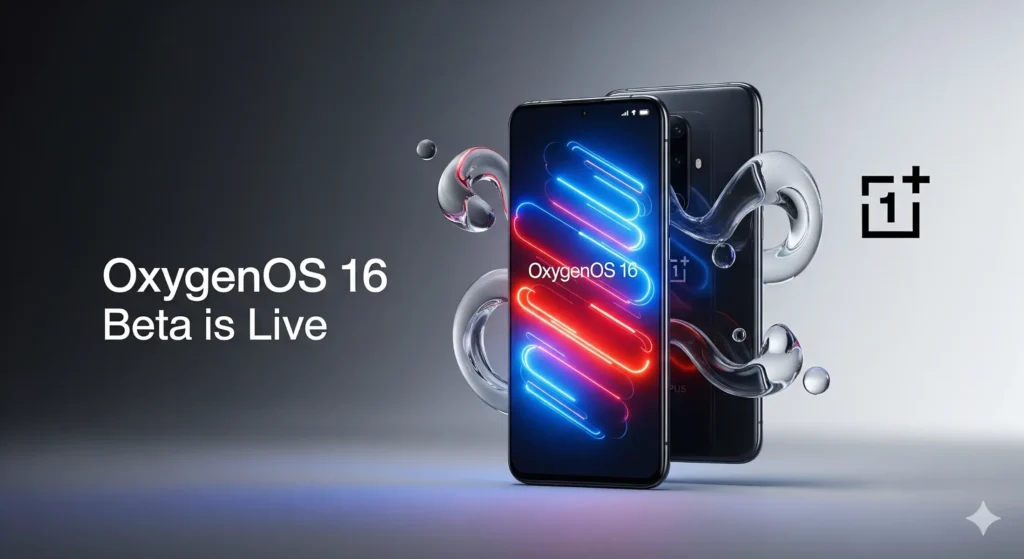 OnePlus smartphone with OxygenOS 16 beta interface and liquid glass UI design