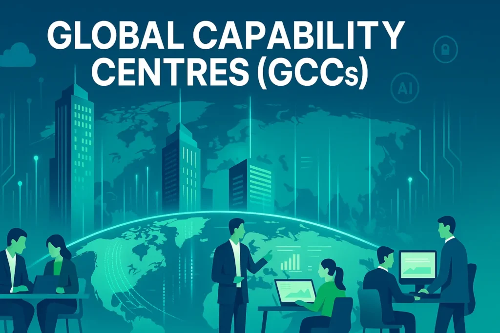 Global Capability Centres (GCCs) illustration showing global business network, digital connections, and professionals collaborating.