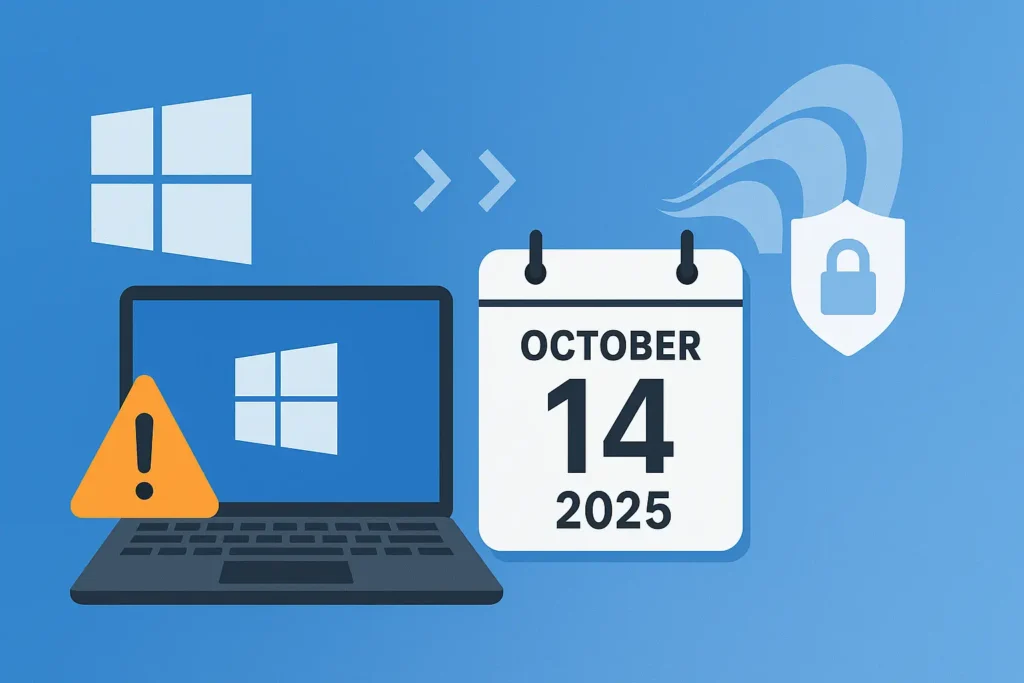 Windows 10 End of Support: Dates, Extended Updates, and Upgrade Options (2025–2028) 1 Windows 10 end of support illustration showing October 14, 2025 deadline and upgrade to Windows 11
